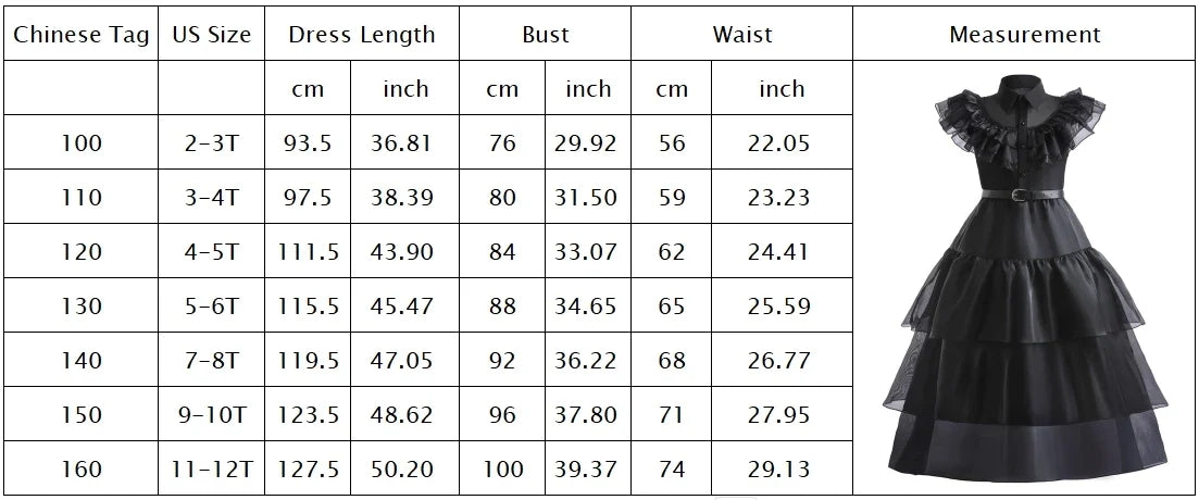 2026 Halloween Festival Popular Black Dress Girls Cosplay Short Sleeve Ruffles Clothing With Belt + Accessories Set Gift