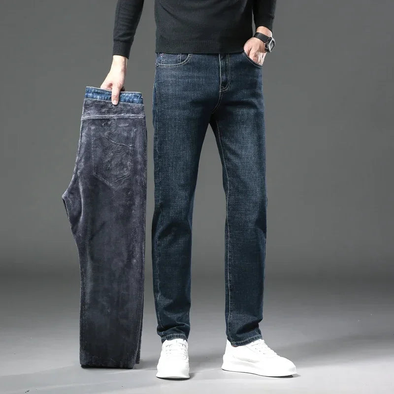 Winter Thickened Warm Male Plush Trousers Brand Clothes Men's Fleece Jeans Straight Slim Stretch Fashion Business Denim Pants