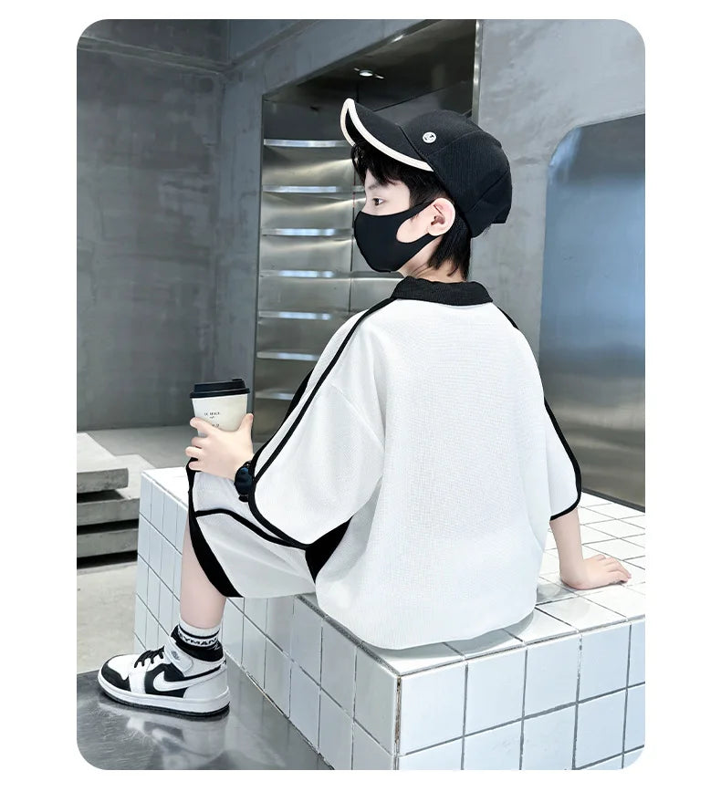 Summer Boys Patchwork Alphabet Preppy T-Shirt Tops+Drawstring Shorts Pant Set School Kids 2PCS Tracksuit Children Outfits 5-16Yr