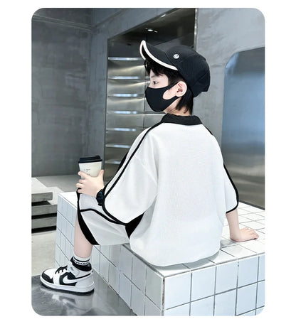 Summer Boys Patchwork Alphabet Preppy T-Shirt Tops+Drawstring Shorts Pant Set School Kids 2PCS Tracksuit Children Outfits 5-16Yr