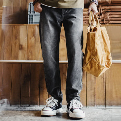 Men's Vintage 13oz Heavyweight Denim Jeans Washed Gray Straight Leg Tapered Pants Casual Trousers for Spring and Fall