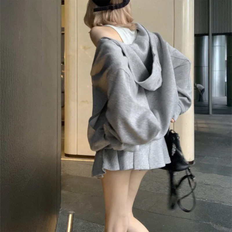Casual Hooded Pullover Top Women Y2K V-neck Hoodies Solid Harajuku Long Sleeve Hoodie Oversized Tops Female Loose Clothing