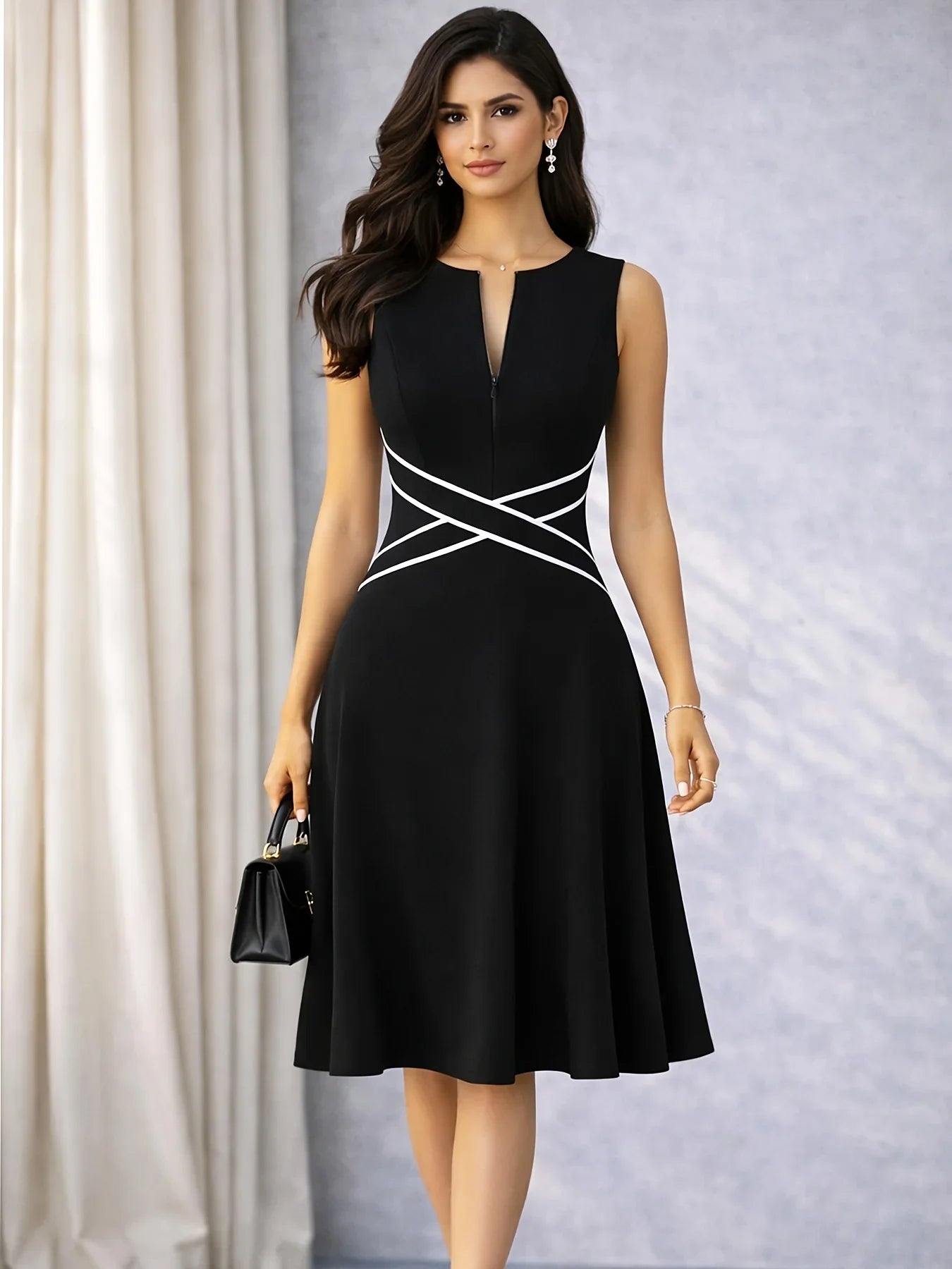 Womens Sleeveless Elegant Summer Work Office A-Line Vintage Front Zipper Business Casual Party Slim Fit And Flare Swing Dress