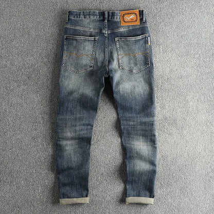 Embroidery embellished white to do old American vintage jeans men slim small straight leg fashion all-match youth pants