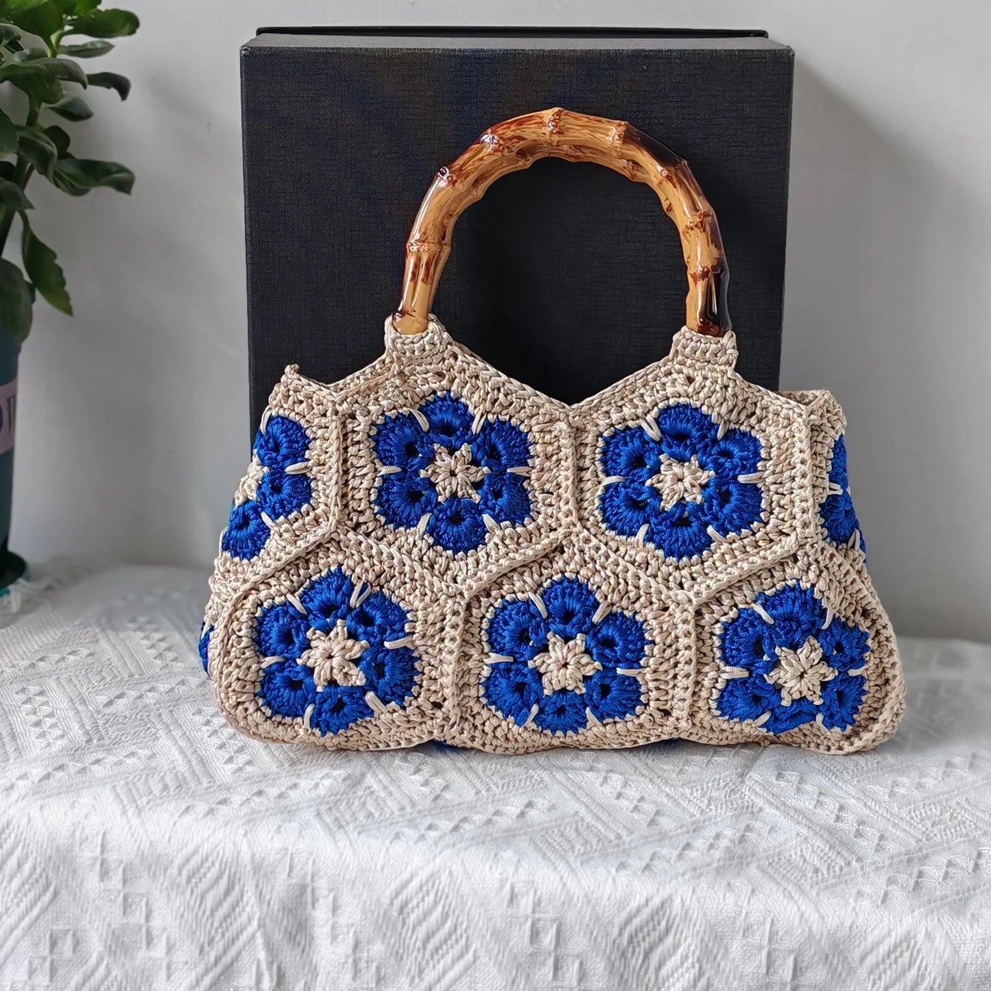 Handmade Crochet Granny Square Tote Bag with Bamboo-Style Handle, Vintage Woven Flower Pattern Shoulder Purse for Women