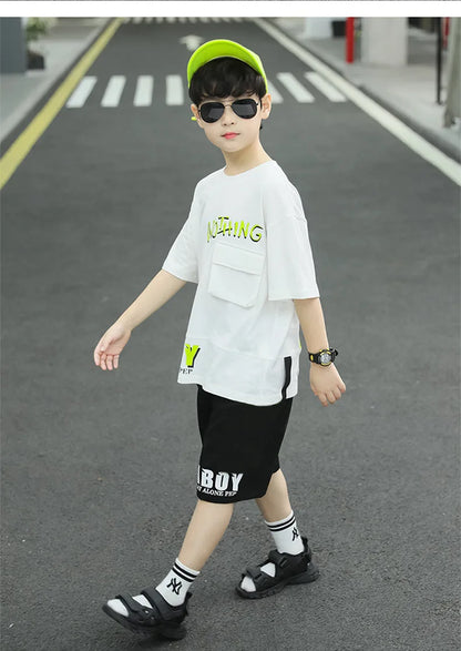 Kpop Boys Clothes Sets 2026 Summer Teen Kids Fashion Letter Print Short Sleeve T-shirt+Shorts 2Pcs Children Tracksuit Outfits