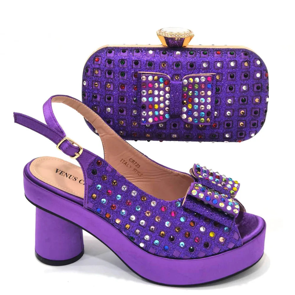 Gold Party Shoe and Bag Set for Wedding Italy Style Italian Matching Shoes and Purse Set for Bride Bridal High Heels Sandals Bag
