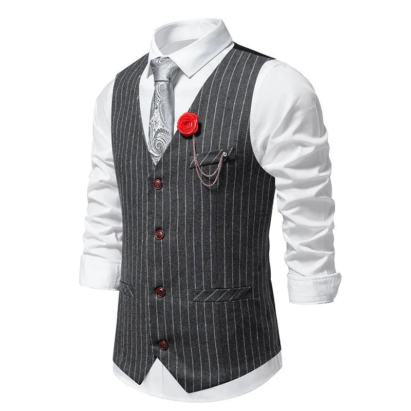 Men Suit Vest Vintage Striped Single-breasted Man Waistcoats Business Casual Slim Sleeveless Male Party Dress Vests