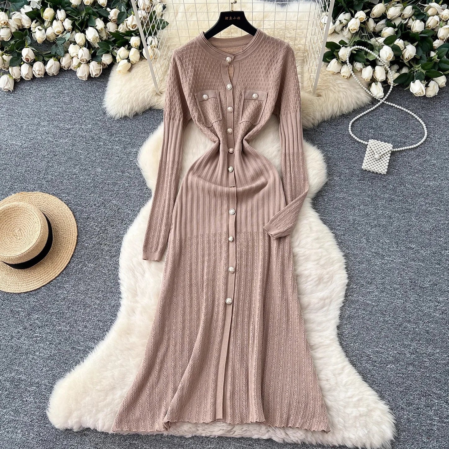 Brand Fashion Aesthetic Patchwork Knitted Maxi Dress Autumn Winter Women Luxury Shirt Sweater Dress Office Lady Vestido