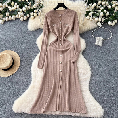 Brand Fashion Aesthetic Patchwork Knitted Maxi Dress Autumn Winter Women Luxury Shirt Sweater Dress Office Lady Vestido