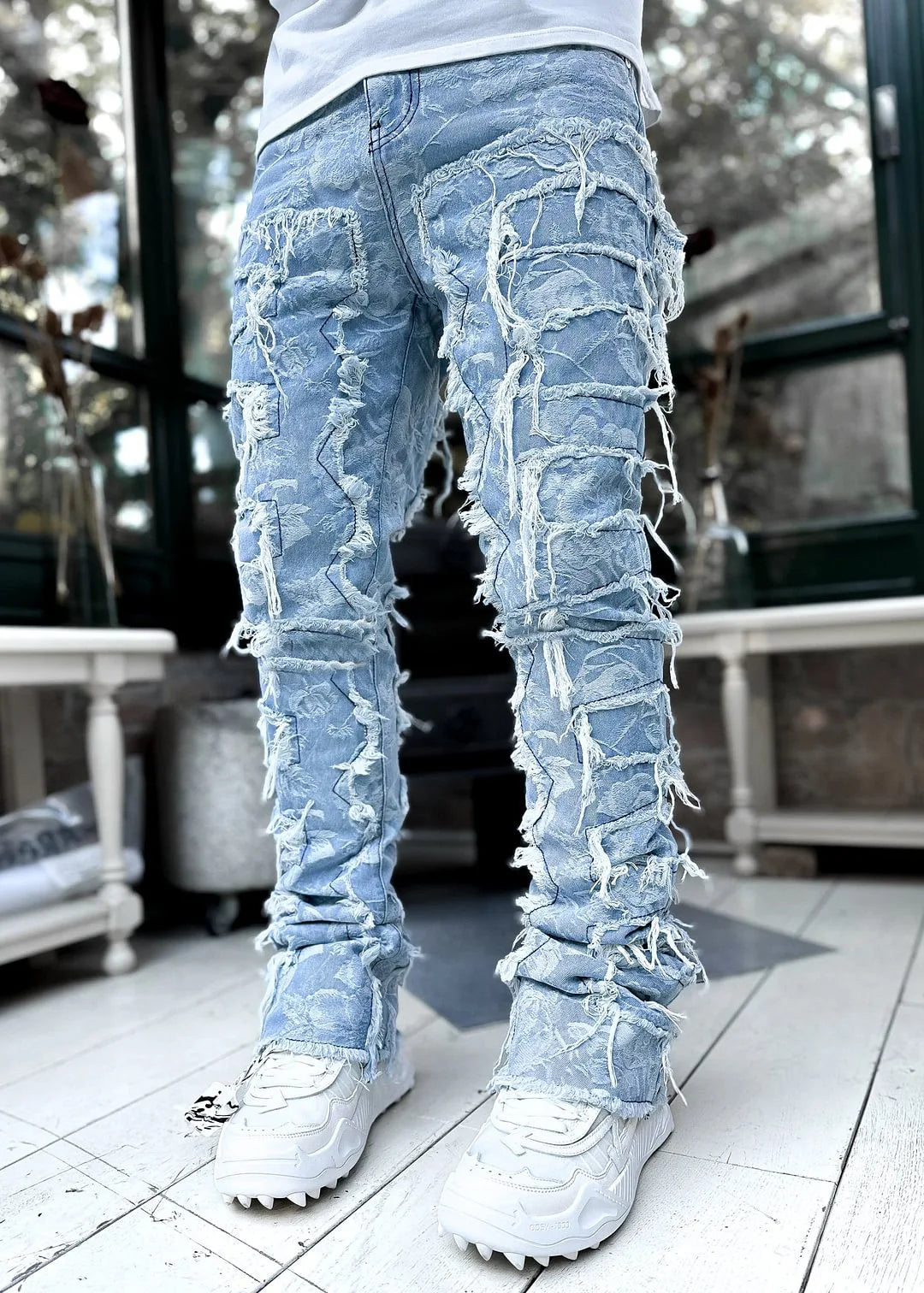 New European and American Heavyweight Streetwise Stretch Patch Jeans for Men, High Street Straight Fit Long Jeans16-3001