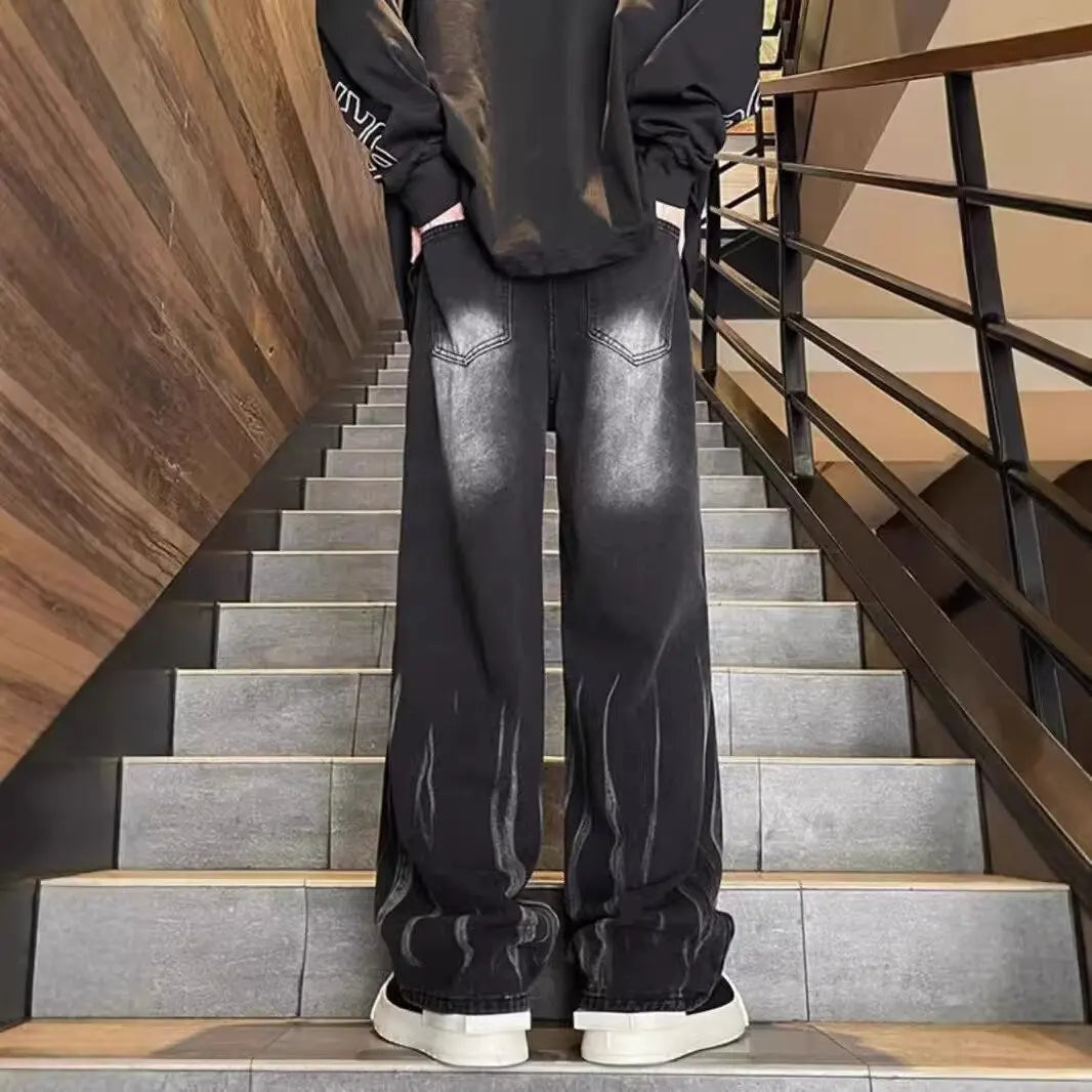 Autumn And Winter Dye Jeans Mens Denim Jeans New Casual Jeans Straight Leg Pants Baggy Pants Hip-Hop Pants