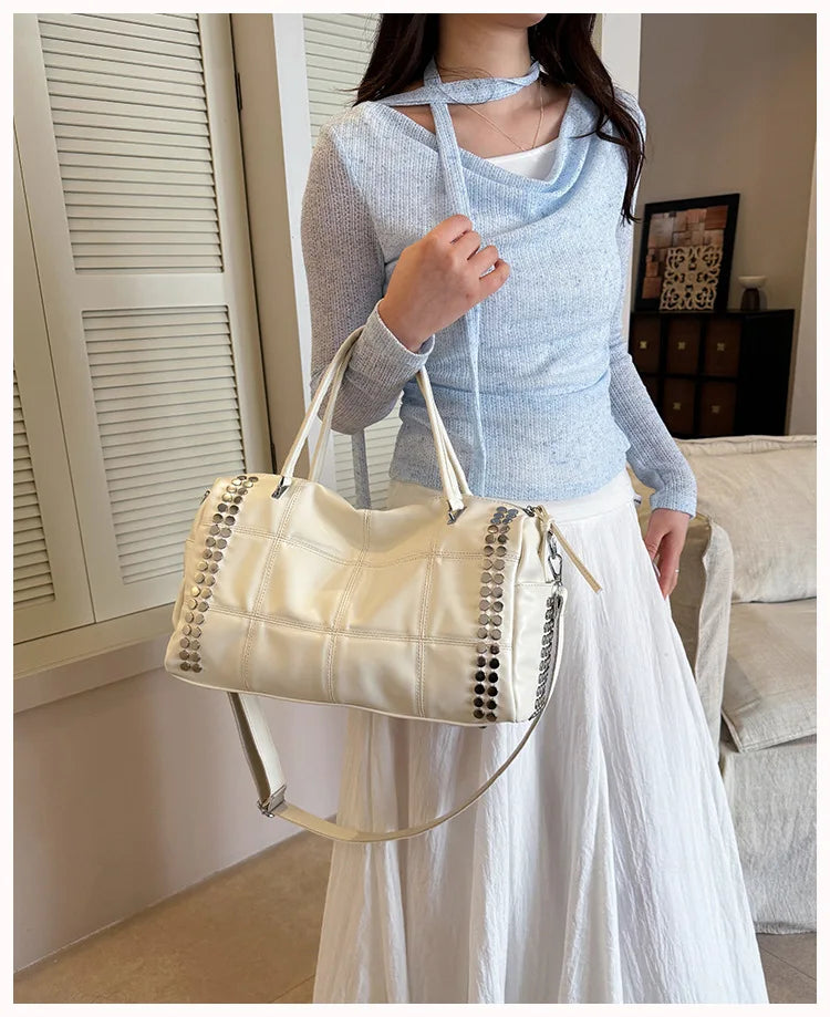 New Y2K Fashion Retro Rivet Tote Bag Women's High-end Handbag Large Capacity Motorcycle Shoulder Bag Daily Commute Crossbody Bag