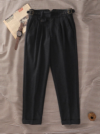 Blue Grey Thick Wool Gurkha Slightly Tapered Casual Pants Wool Blend Trousers Slim Fit Customizable