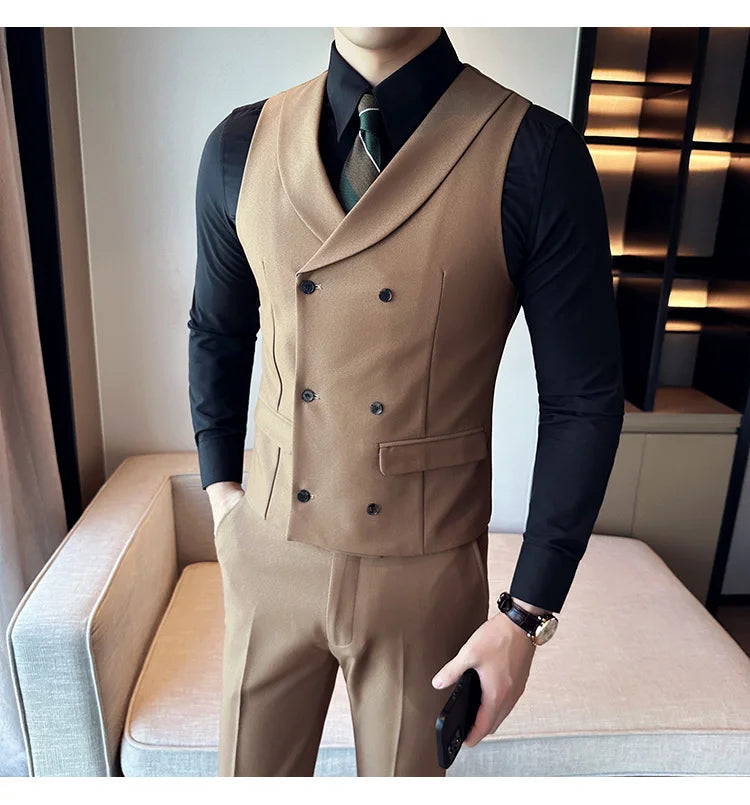 ( Vest + Pants) Men's Double-breasted Suit Vest 2 Pieces Set High Quality Business Casual Fashion Groom Wedding Dress Vest Sets
