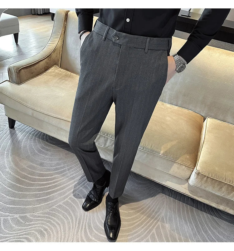 High Quality Striped Suit Pants 2025 Autumn New Fashion Slim Fit Business Elastic waisted Pants Male Wedding Party Trousers