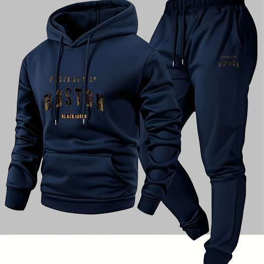 Men's Boston print hooded sweatshirt and sweatpants soft and comfortable thin velvet warm sweatpants set autumn and winter