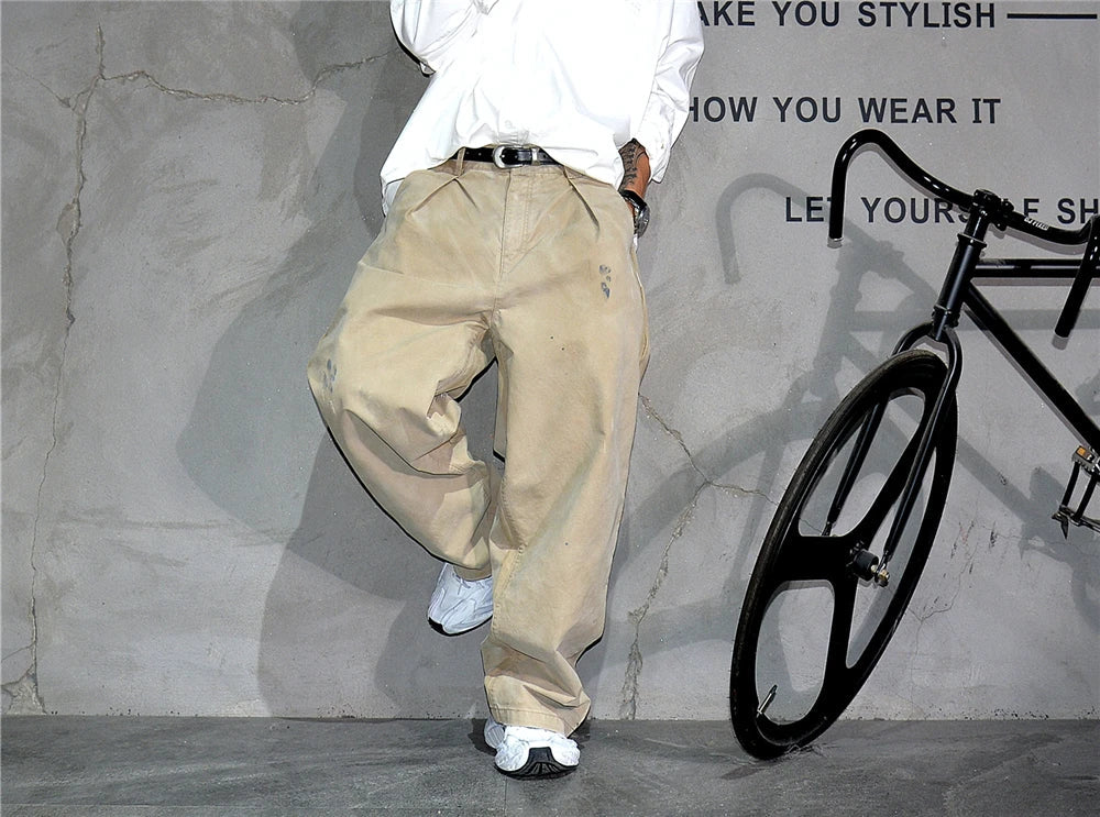 ‌Japanese Premium Vintage Distressed Paint Splash Cargo Pants Men Streetwear Loose Casual Straight Leg Haram Trousers Trendy