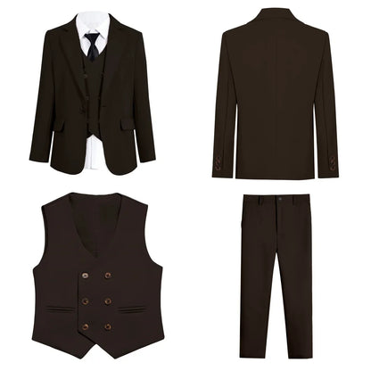 Vintage Brown Formal Suit Set for Kids, 3-14 Years Boy's Tuxedo Set, Blazer, Vest, Pants, Bow-tie, Graduation Party Dresswear