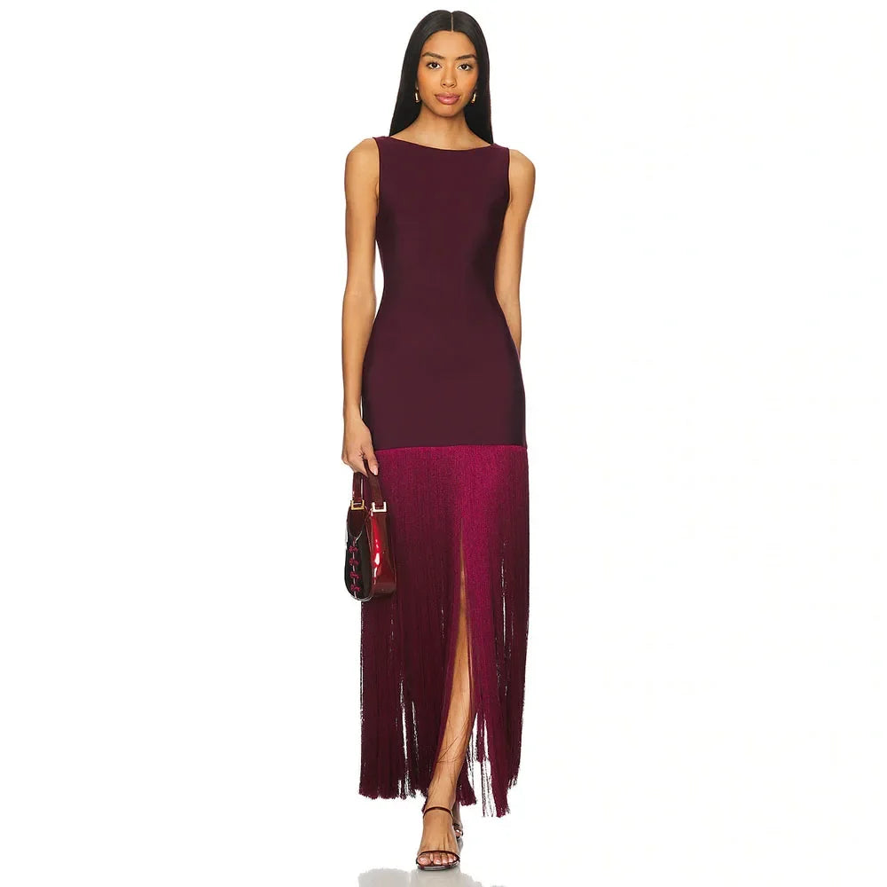 Modern O Neck Burgundy Evening Gown Mermaid Tassel Women's Formal Prom Dress Sleeveless 2025 Ankel Length Party Dress  Long