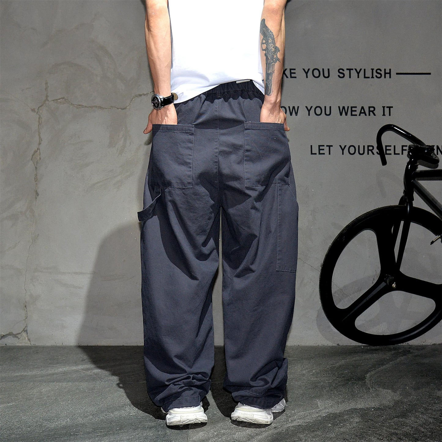 Mens Cargo Pants American Trendy Solid Black Cotton Heavyweight Wide Leg Loose Straight Streetwear Casual High Quality Pants