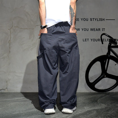 Mens Cargo Pants American Trendy Solid Black Cotton Heavyweight Wide Leg Loose Straight Streetwear Casual High Quality Pants