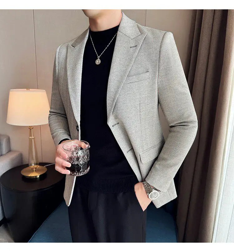 Men's Herringbone Stripe Suit Blazer Classic Lapel Dress Jacket Elegant Slim Fit Fashion Simple Casual Business Prom Suit Jacket