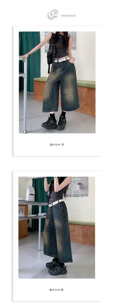 2024 American Vintage High Waist Mid Long Baggy Denim Shorts Women's Casual 2000s Y2K Wide Leg Grunge High Street Style Shorts