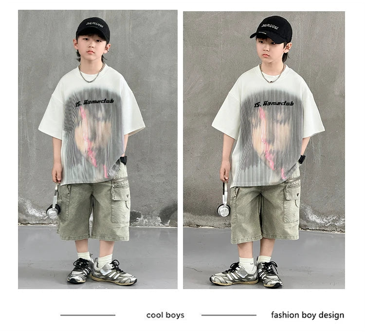 New Summer Korean Children Fashion Suit for Teen Boy Cotton Top And Bottom Set Kids Casual Tshirt Shorts 2PCS Clothing Set 7-16Y