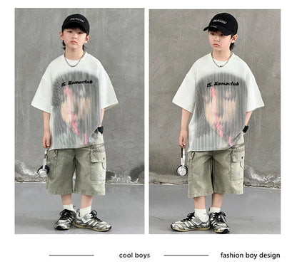 New Summer Korean Children Fashion Suit for Teen Boy Cotton Top And Bottom Set Kids Casual Tshirt Shorts 2PCS Clothing Set 7-16Y