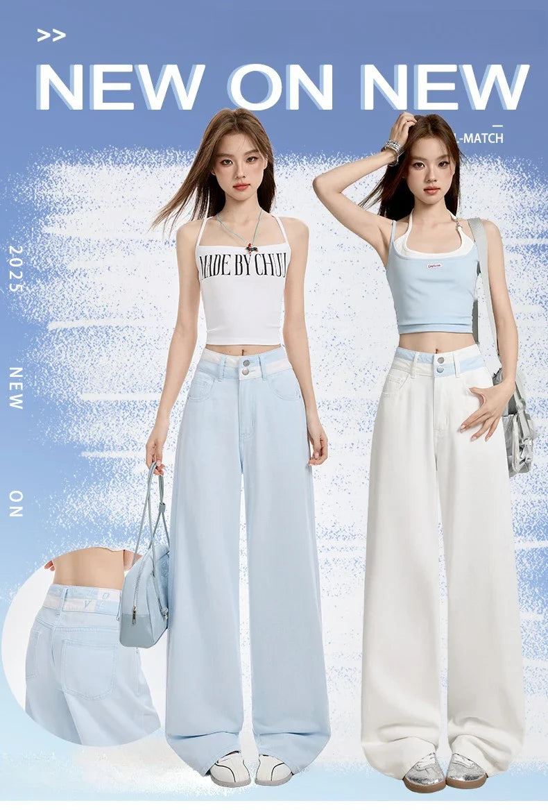 Loose Casual Wide Leg Denim Pants Summer New Thin 100% Cotton Women's High Waist Y2K Contrast Stitching All Match Baggy Jeans