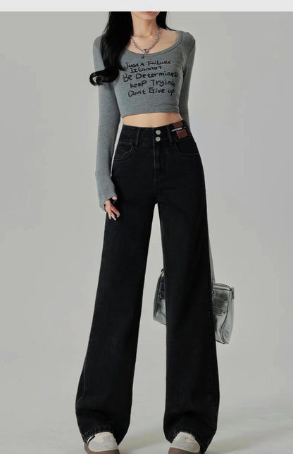 Women's Narrow Cut Wide Leg Jeans With High Waist And Hanging Feeling Straight Leg Casual Look Slim Contrasting Colors Pants