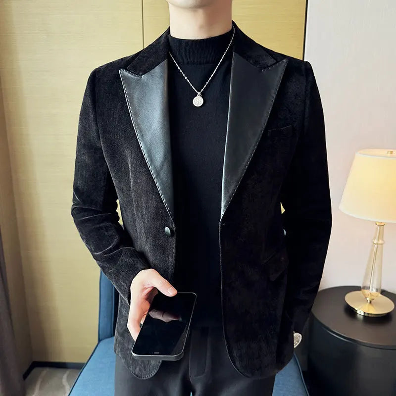 Splicing Leather Neck Fashion Suit Jacket Luxury Men's Business Slim Fit Social Formal Blazers Coats Wedding Groom Tuxedos 5XL-M