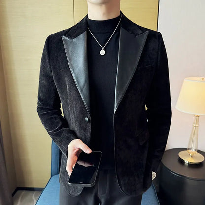 Splicing Leather Neck Fashion Suit Jacket Luxury Men's Business Slim Fit Social Formal Blazers Coats Wedding Groom Tuxedos 5XL-M