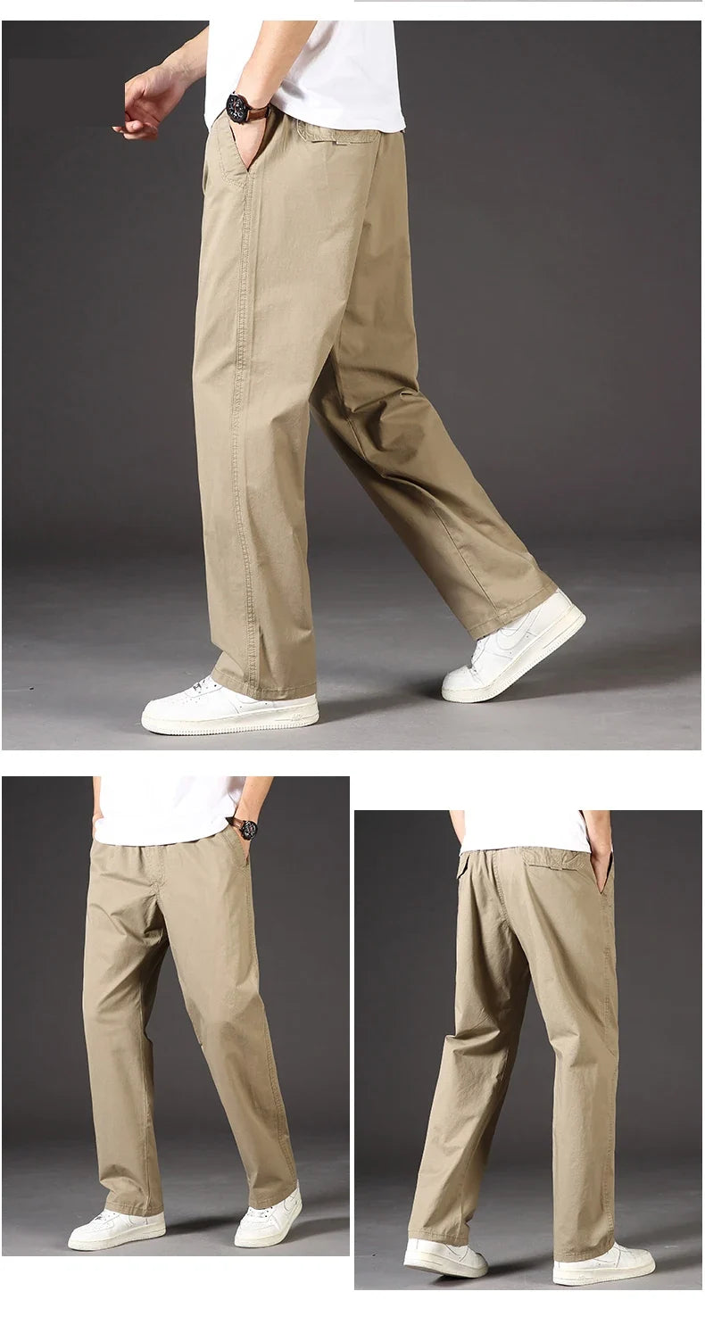 Men's 100% Cotton Cargo Pants Multi-pocket Elastic Waist Pants Big and Tall Mens Trousers Loose Fit Gym Sports Men's Pants