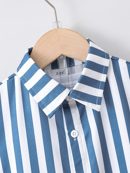 2pcs Summer Boys Blue & White Striped Shirt Set, Soft Style, Daily/Party Wear, Suitable for 1‑4Y, Breathable Fabric
