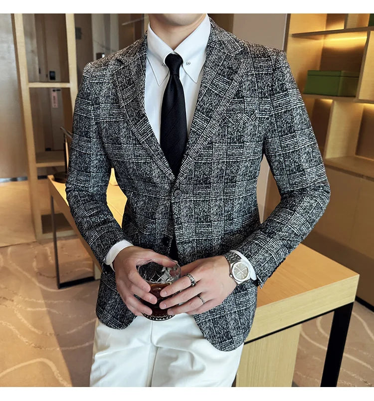 High Quality Meteor Grid Suit Jackets Men British Style Slim Fit Business Casual Fashion Blazers Formal Men Wedding Party Tuxeds