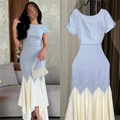 Customized Sparkle Intricate Jersey Sequined Pearl Pleat Ruched Mermaid Scoop Neck Midi Dresses Bespoke Occasion Dresses Retro