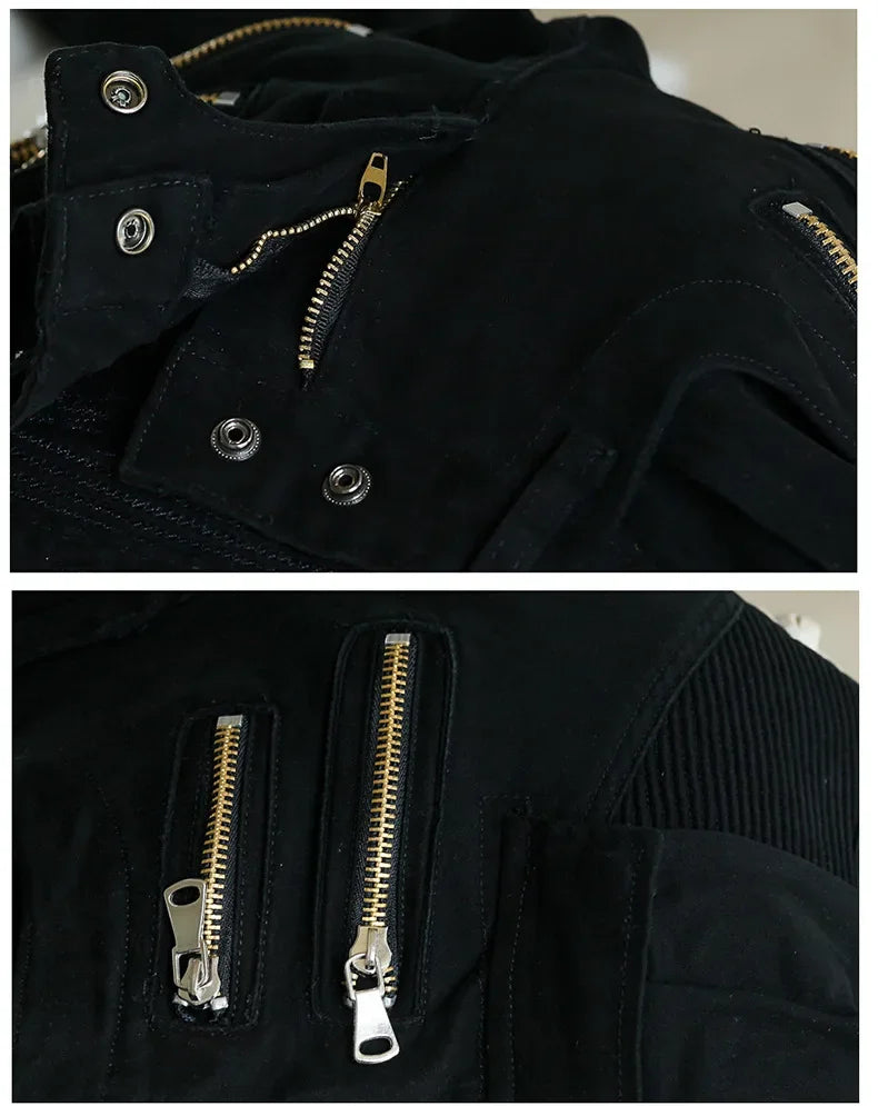 Fashion Fold Men Jeans Stretch Pleated Biker Cargo Jeans Zipper Skinny Slim Fit Trouser Hiphop Punk Multi Pocket Denim Pant Male