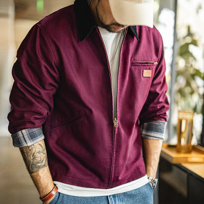Men's Retro J001 Detroit Jacket Heavyweight Canvas Hunting Coat Lapel Collar Work Jackets with Zipper for Spring Fall