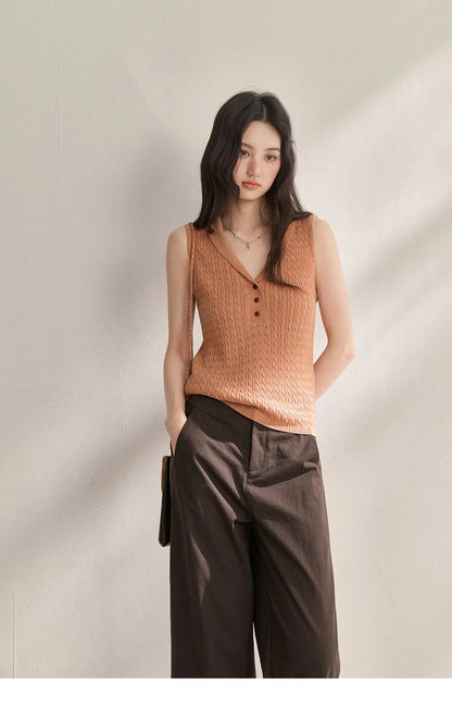 Women Cable Knit V-Neck Henley Tank Top Sleeveless Slim Knit Vest, Casual Basic Solid Tops for Spring Summer MXF25Z3115