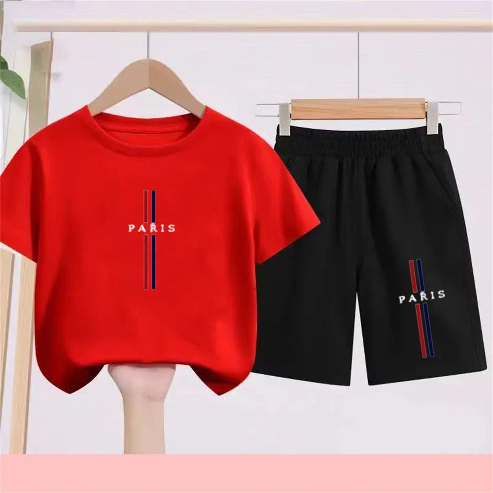 Summer Short Sleeve Children Age 3-12 Girls Boy Set White Black Tshirt+Shorts 2pcs Leisure Kids PARIS Brand Print Set