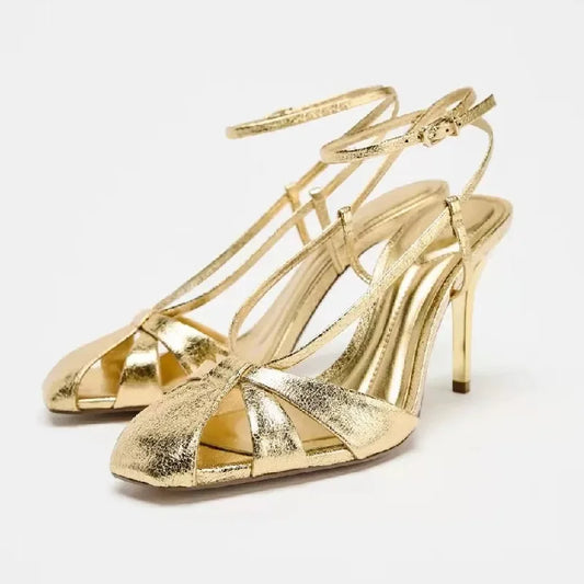 Fashion Gold Thin Heeled Sandals Women Sexy Ankle Strap Buckle Gladiator Sandal Luxury Banquet Brand Designer Shoe Zapatos Mujer