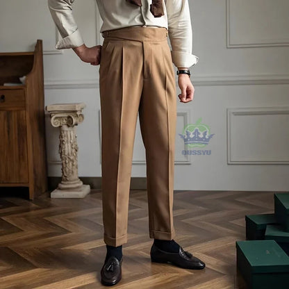 Classics Italian Naples Style White Men's Suit Pants Men High Waisted Straight Fit Work Formal British Business Brand Trousers