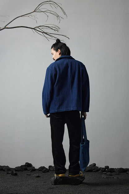 Heavy Weight Indigo Jacket Men Autumn Winter Vintage Workwear Tooling Jacket Blue Dyed Kendo Fabric Multi-pocket Cardgian Coat
