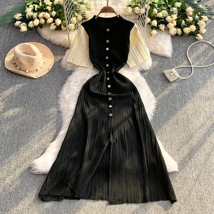 Women Dress 2026 Spring and Summer Elegant Patchwork One-Piece Knitted Maxi Dress Office Lady Slim Waist Sweater Dress
