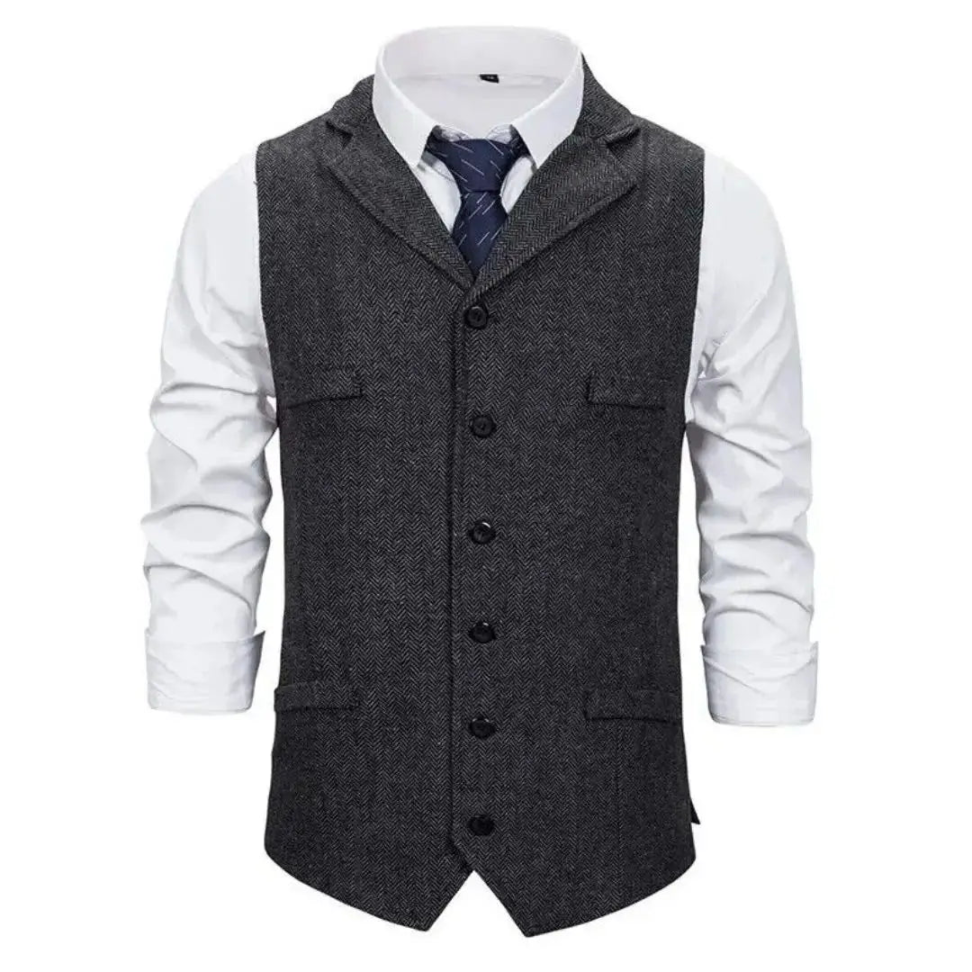 Men Vest Black Herringbone Single Button With Lapel Waistcoat For Wedding Banquet Business Office Work Casual Men Suit Vest