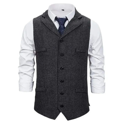 Men Vest Black Herringbone Single Button With Lapel Waistcoat For Wedding Banquet Business Office Work Casual Men Suit Vest