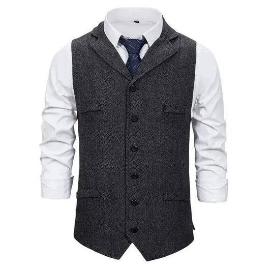 Men Vest Black Herringbone Single Button With Lapel Waistcoat For Wedding Banquet Business Office Work Casual Men Suit Vest