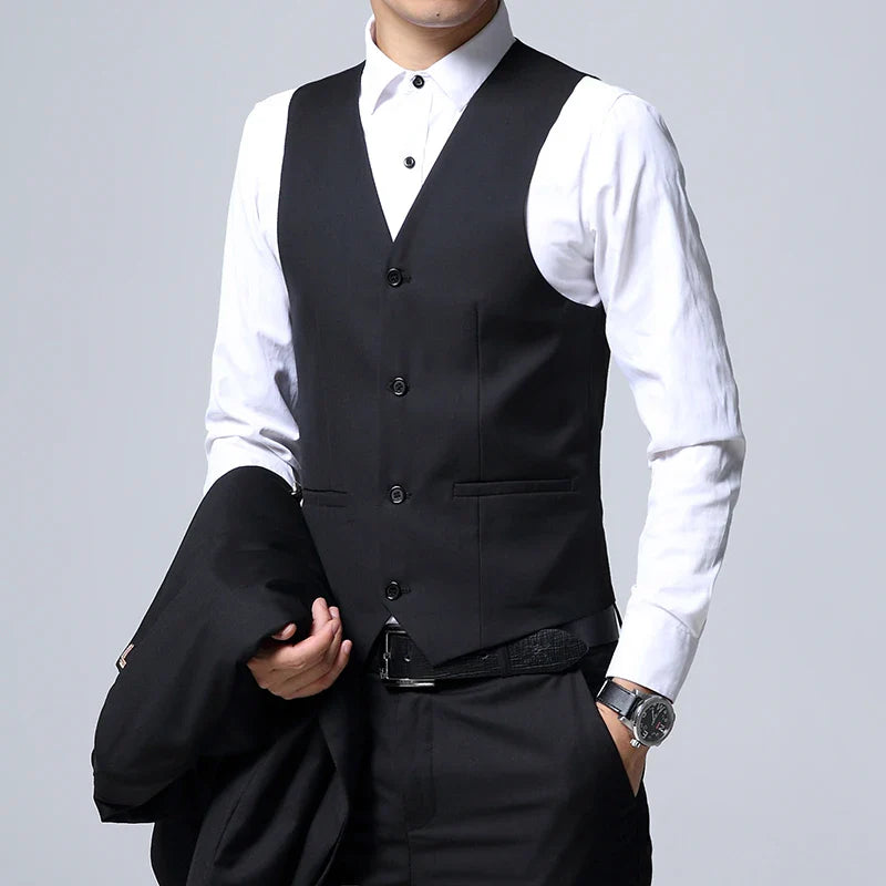 Black Stand Collar Men's 3-Piece, Wedding Party Blazer Jacket and Vest with Pants, Blue Asian Size Slim Fit Sets.